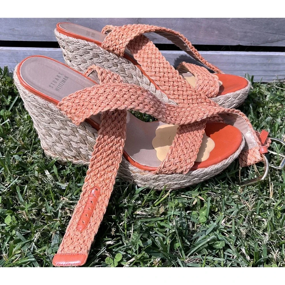 Stuart Weitzman Shoes Womens Size 10 Orange Woven Espadrille Wedge Sandals 39111